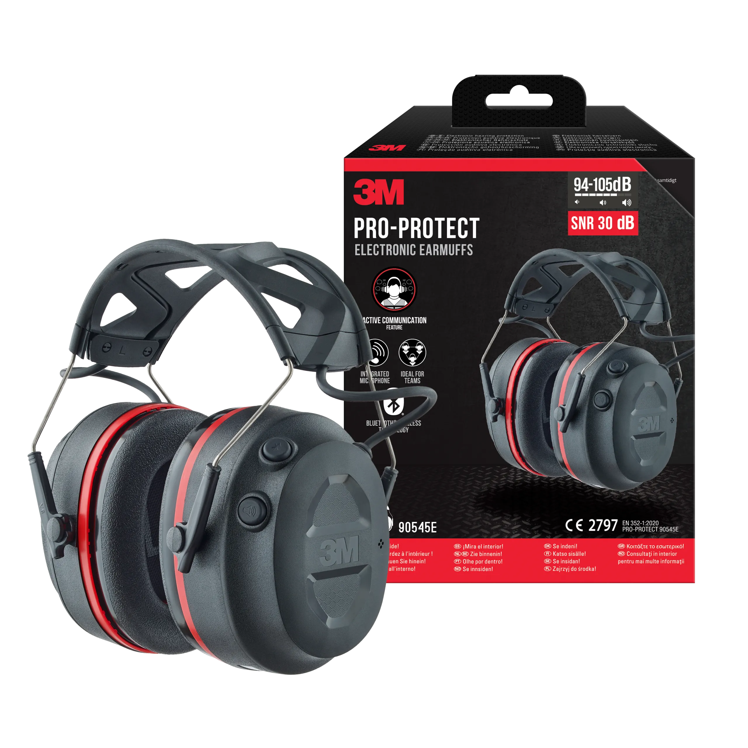 3M Pro-Protect mit Bluetooth Technology Kopfbügel, Aktives Mikrofon für Kommunikation und Akustische Umweltwahrnehmung, schwarz, 94-105 dB, SNR 30 dB, 90545E-1