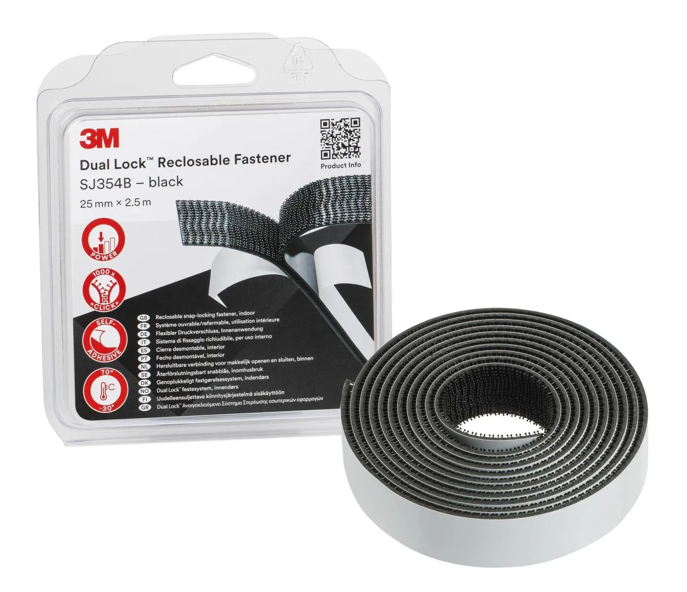 3M Dual Lock flexibler Druckverschluss mit hoher Soforthaftung SJ354B, Schwarz, 25,4 mm x 2,5 m, 5,7 mm, Blister, 40 Köpfe/cm2