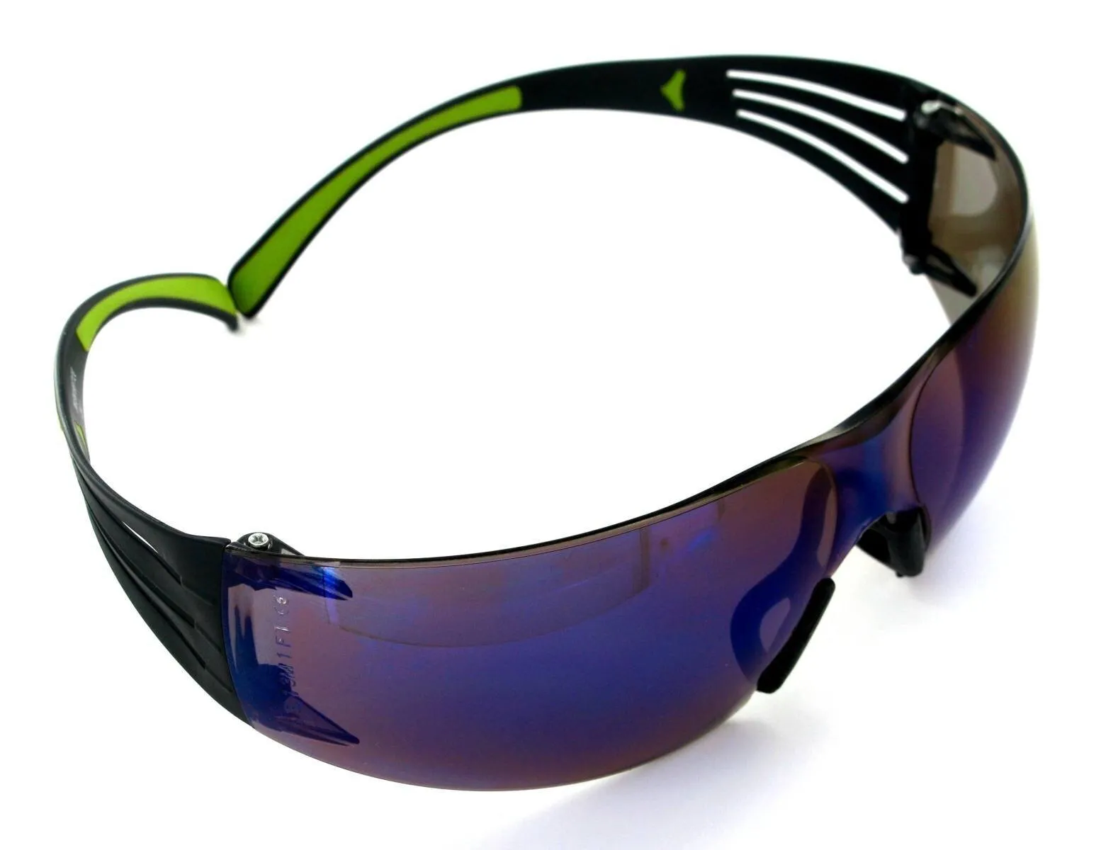 3M SecureFit 400 Schutzbrille, schwarz/grüne Bügel, Antikratz-Beschichtung, blaue Scheibe, verspiegelt, SF408AS-EU