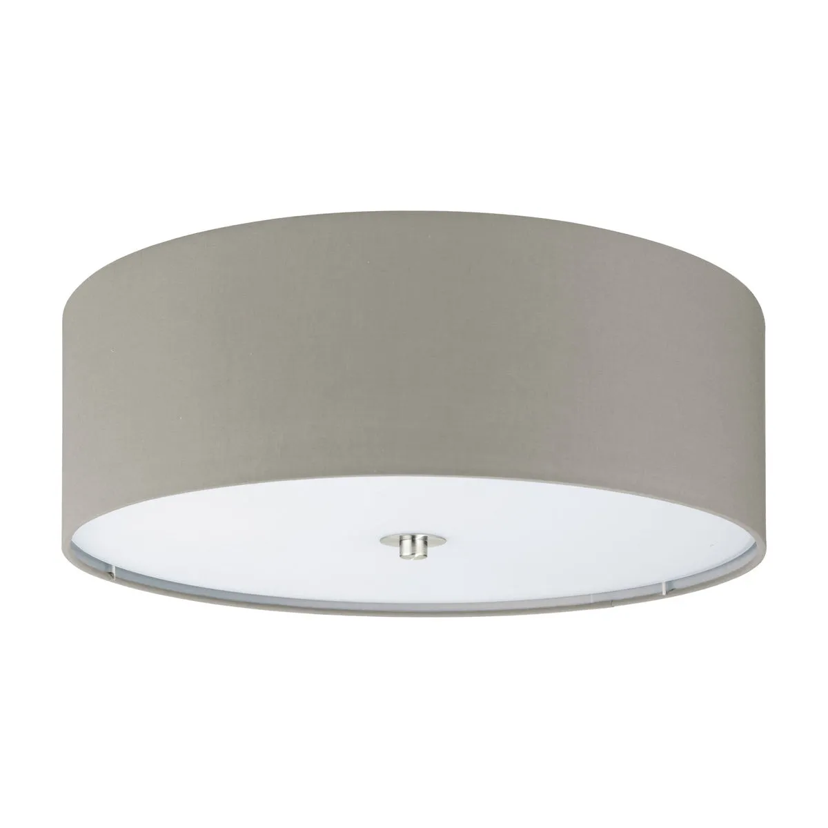 Flush Ceiling Light Colour Satin Nickel Shade Taupe Fabric Glass Bulb E27 3x60W