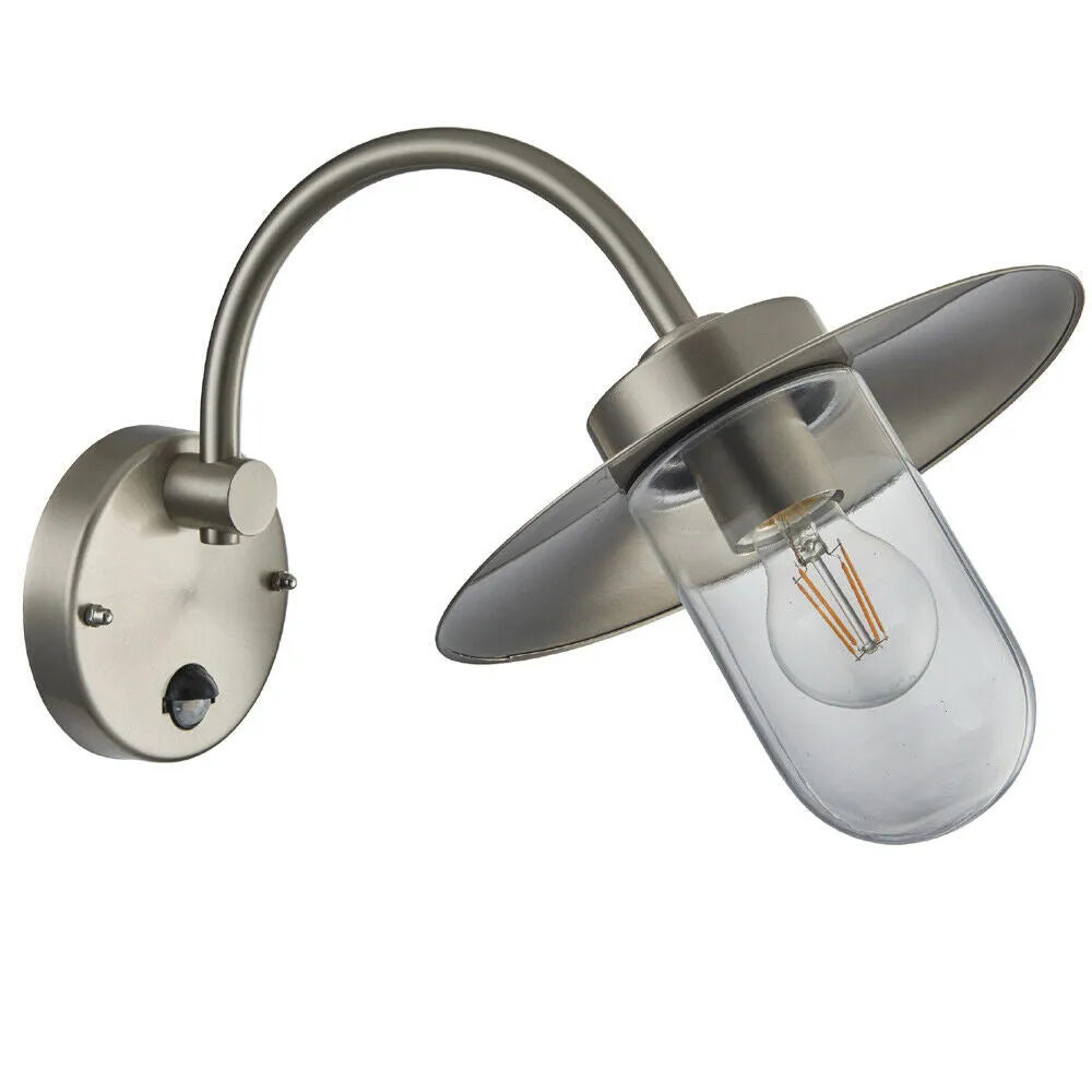 IP44 Outdoor Wall Light Brushed Steel Fisherman PIR Lantern Classic Overhang