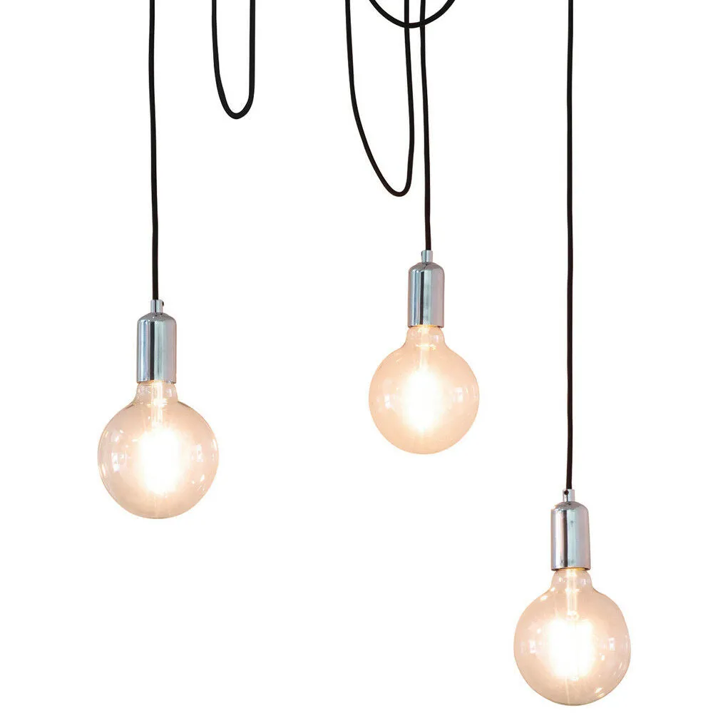 Multi Light Ceiling Pendant 3 Bulb Chrome Steel Industrial Adjustable Hang Hook