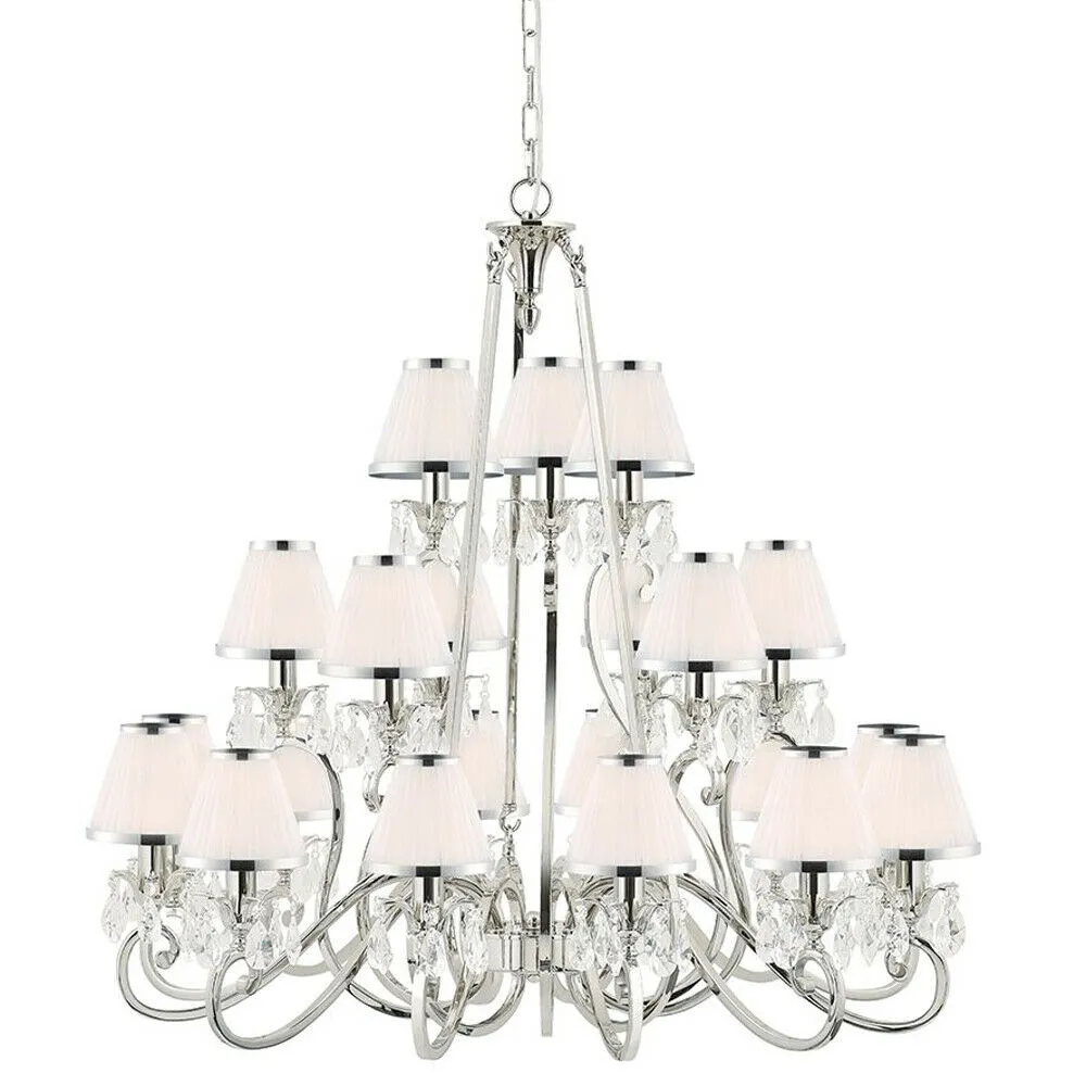 Esher Ceiling Pendant Chandelier Nickel Crystal & White Shades 21 Lamp Light