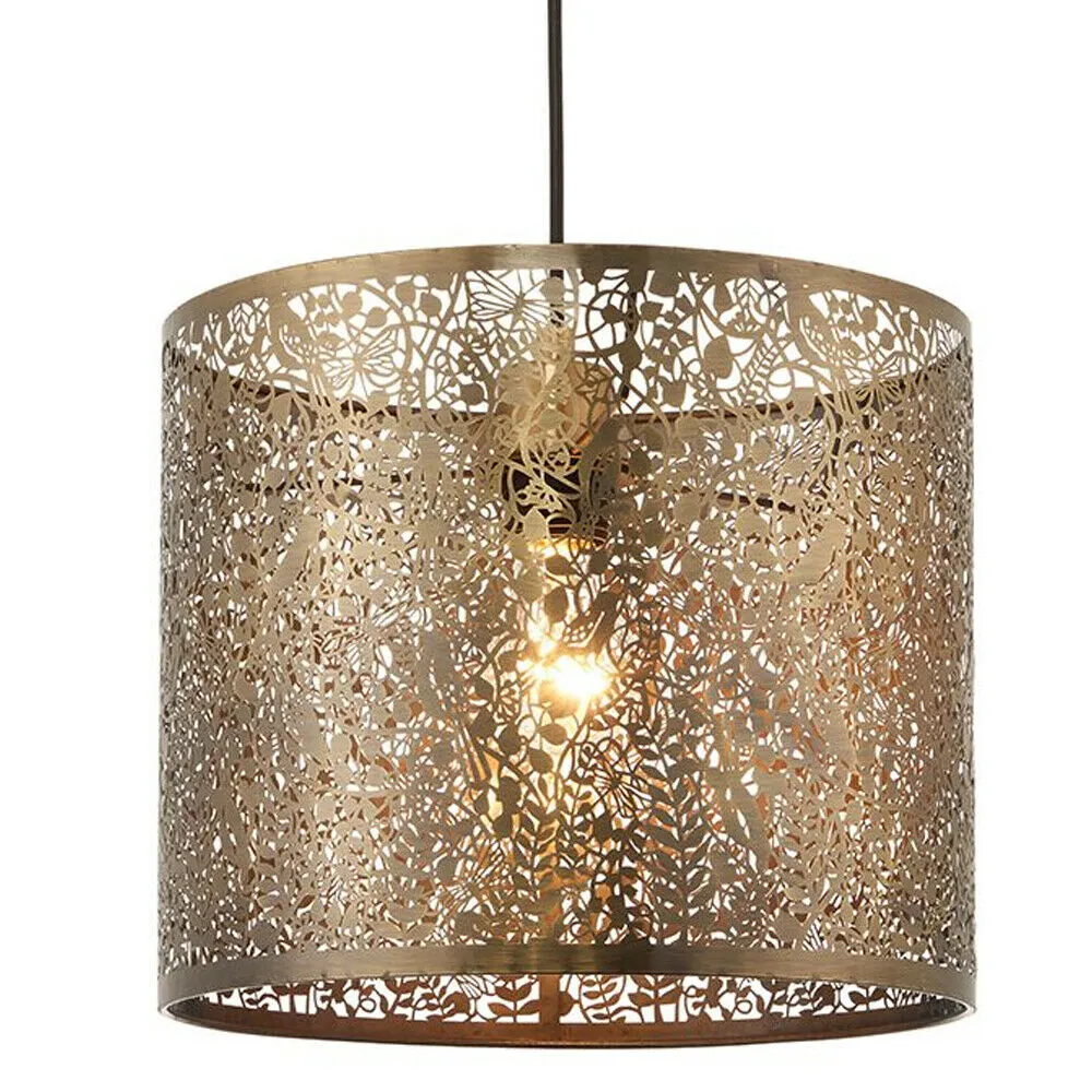 Hanging Ceiling Pendant Light Shade Antique Brass Bird Leaf Pattern SMALL Round