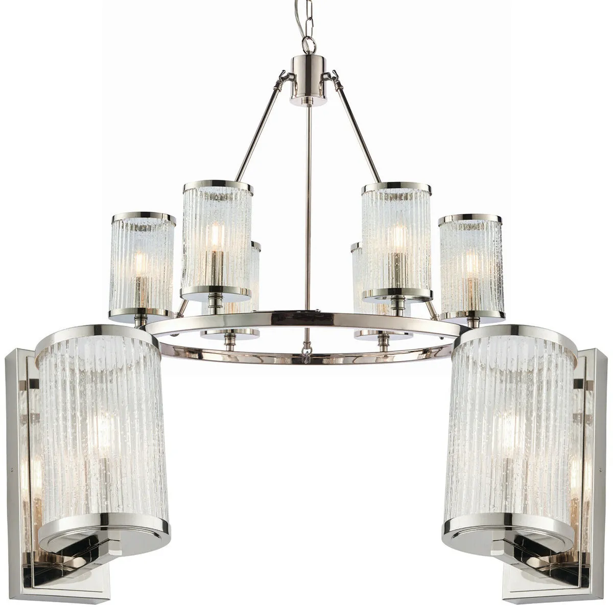 6 Lamp Ceiling & 2x Matching Wall Light Pack Bright Nickel & Ribbed Glass Shade