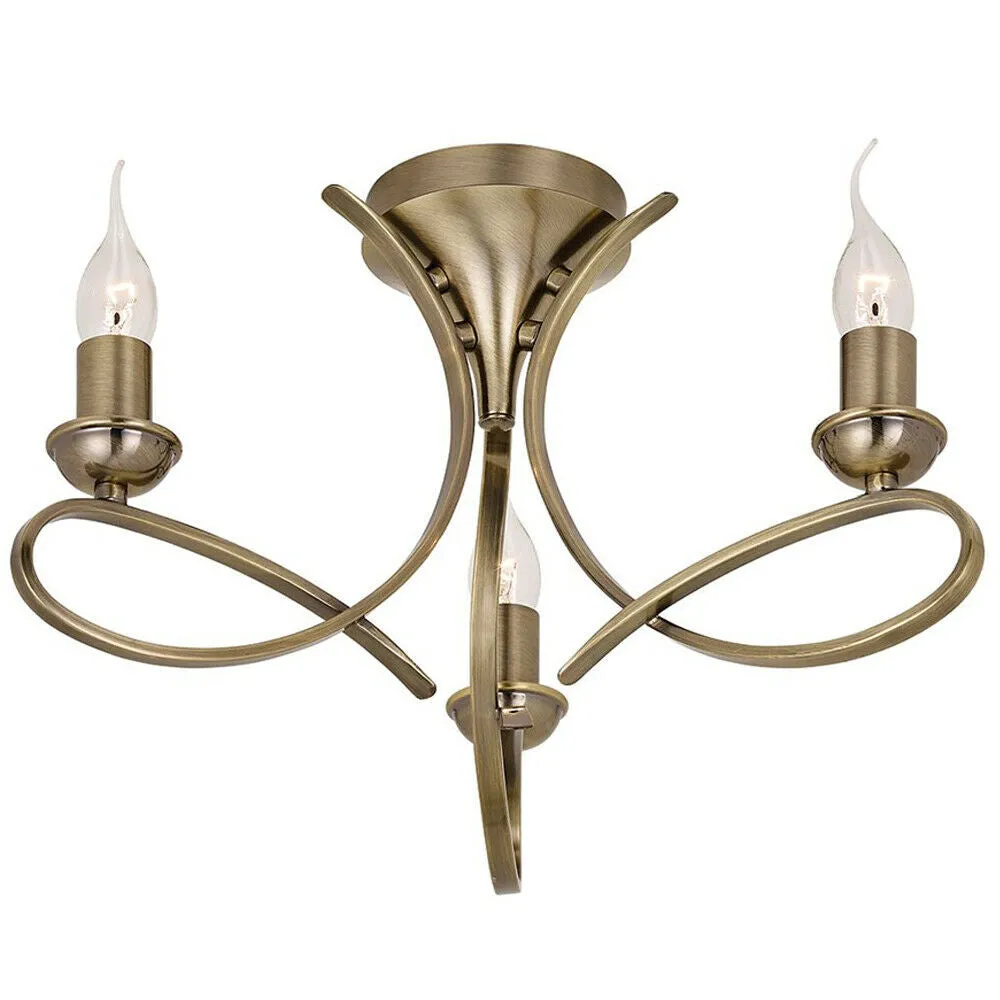 Eaves Semi Flush Ceiling Chandelier 3 Lamp Brushed Brass Curved Multi Arm Light