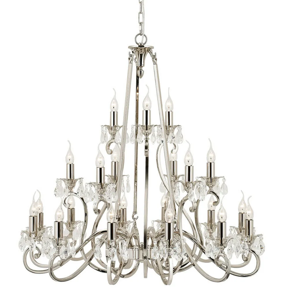 Esher Ceiling Pendant Chandelier Polished Nickel & Crystal Curved 21 Lamp Light