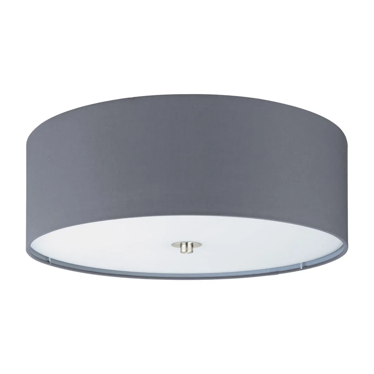 Flush Ceiling Light Colour Satin Nickel Shade Grey Fabric Glass Bulb E27 3x60W