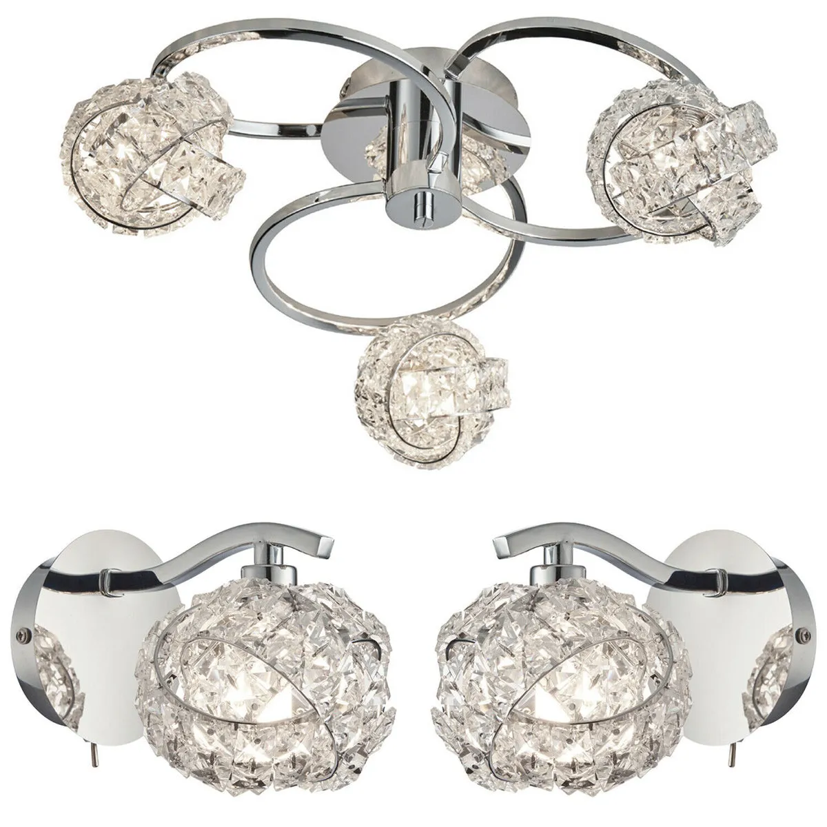 3 Bulb Ceiling Lamp & 2x Matching Wall Light Chrome Arm & Crystal Twist Shade
