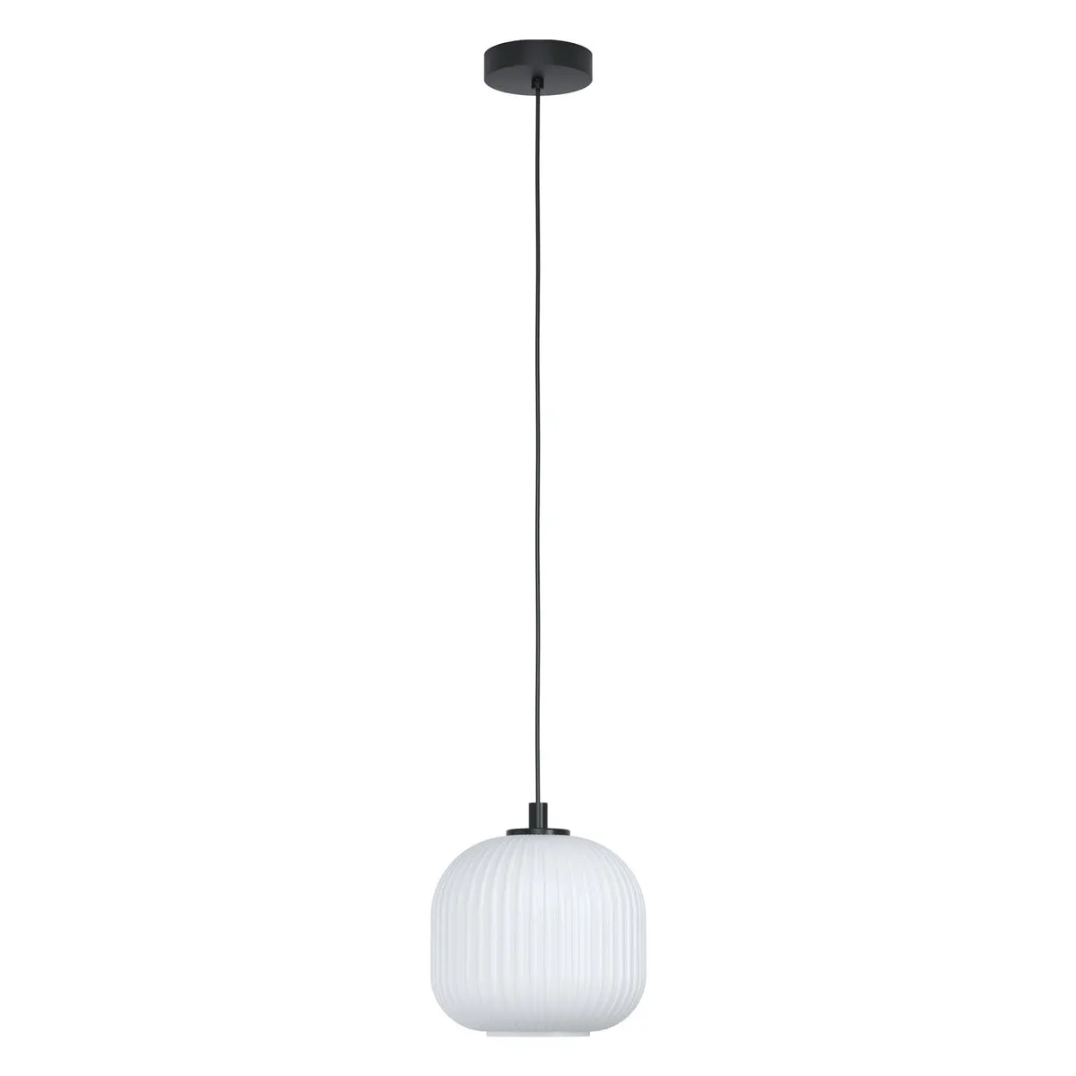 Pendant Ceiling Light Colour Black Shade White Ridged Glass Bulb E27 1x40W