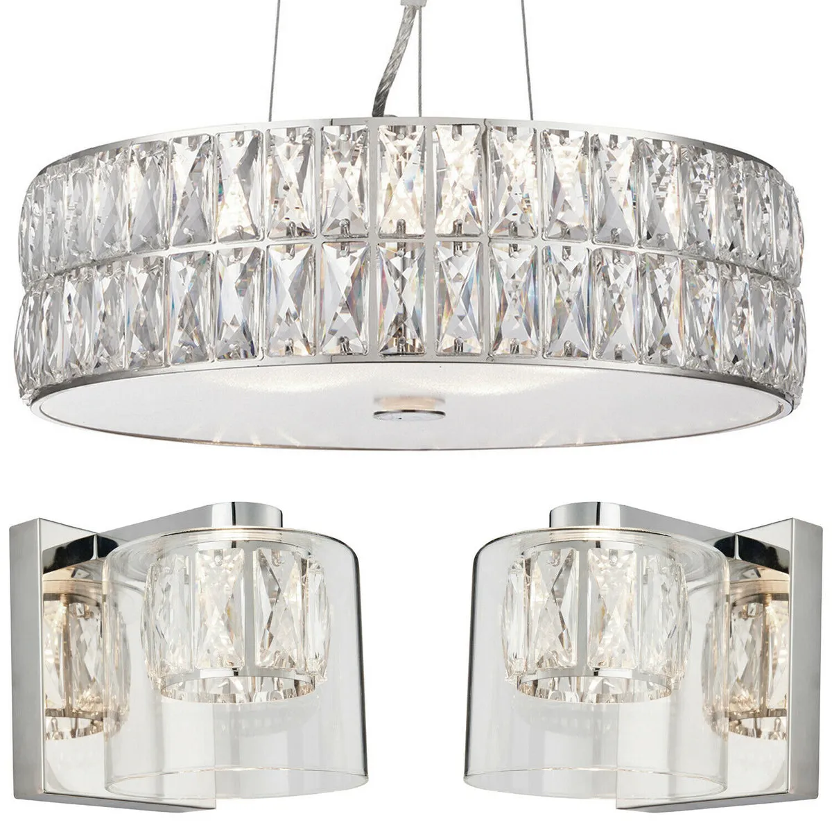 5 Bulb Ceiling Pendant & 2x Matching Wall Mount Light Chrome & Crystal Glass