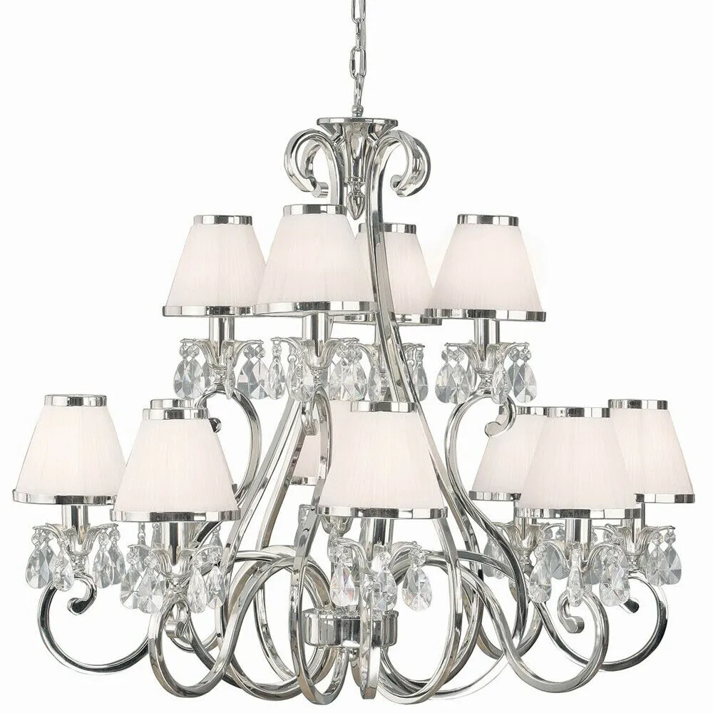 Esher Ceiling Pendant Chandelier Nickel Crystal & White Shades 12 Lamp Light