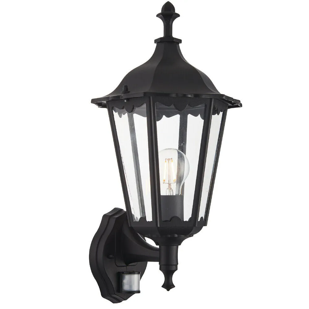 IP44 Outdoor PIR Light Matt Black & Glass Traditional Wall Lantern Porch Motion