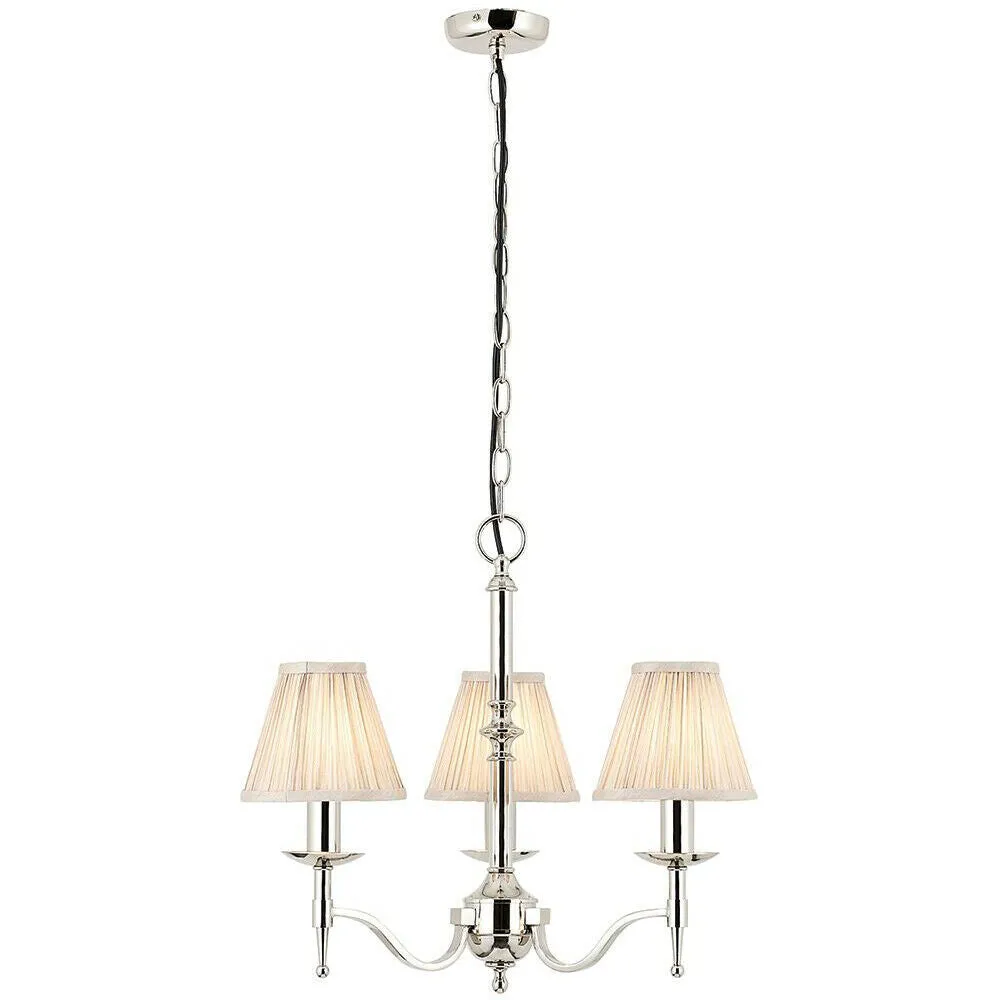 Avery Ceiling Pendant Chandelier Light 3 Lamp Bright Nickel & Beige Pleat Shade