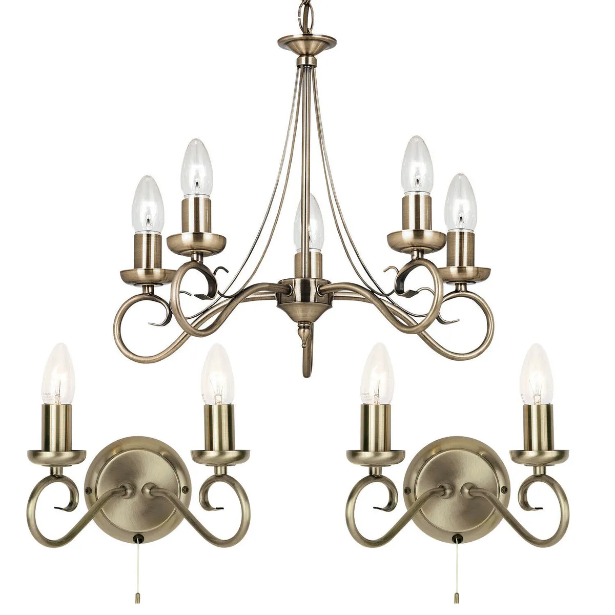 5 Bulb Ceiling Pendant & 2x Matching Twin Wall Light Antique Brass Chandelier