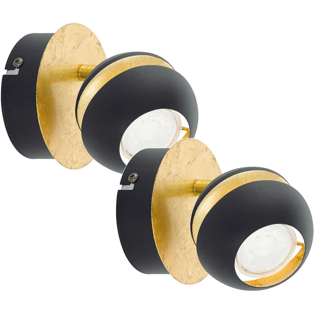 2 PACK Wall 1 Spot Light Round Black & Gold Shade / Back Plate GU10 1x3.3W Inc