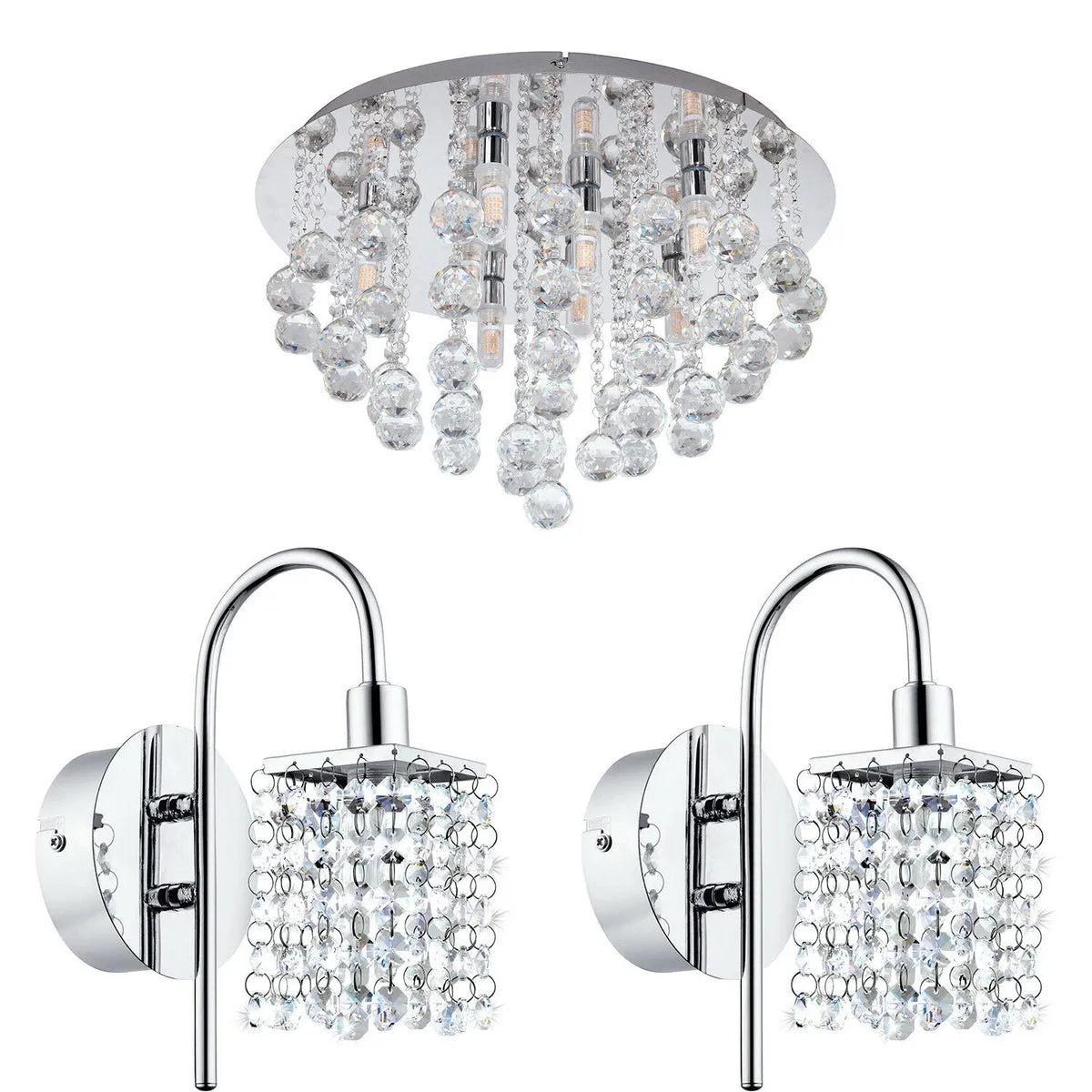 Low Ceiling Light & 2x Matching Wall Lights Chrome & Crystal IP44 Bathroom Lamp