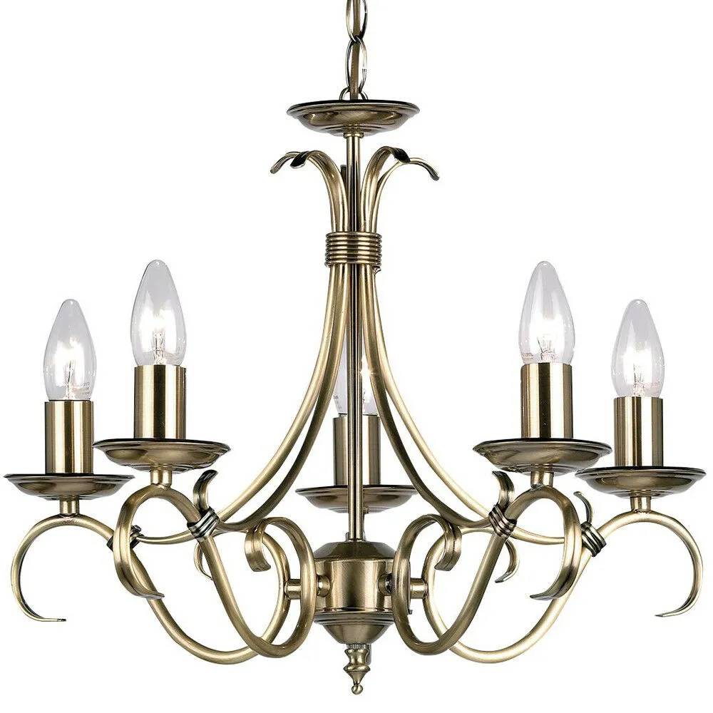 Hanging Ceiling Pendant Light ANTIQUE BRASS 5x Shade Vintage Lamp Bulb Holder