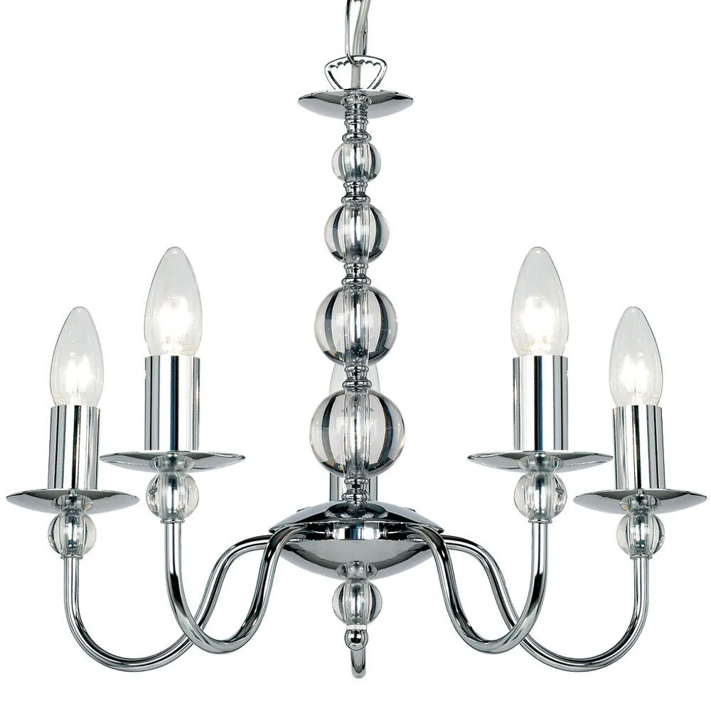 Hanging Flush Ceiling Pendant 5 Light CHROME & GLASS Chandelier Multi Lamp Bulb
