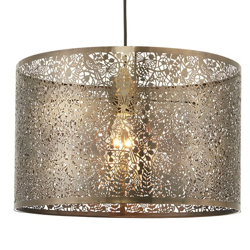 Hanging Ceiling Pendant Light Shade Antique Brass Bird Leaf Pattern LARGE Round