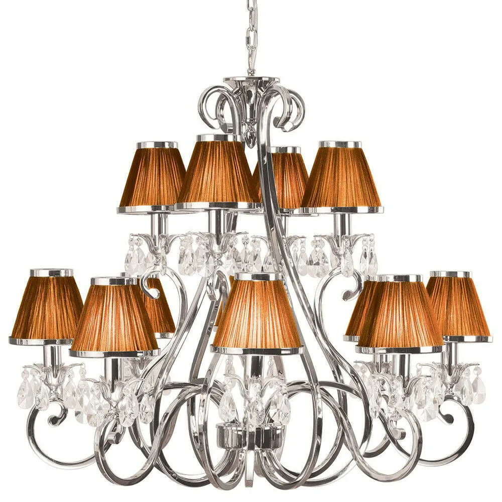 Esher Ceiling Pendant Chandelier Nickel Crystal & Brown Shades 12 Lamp Light