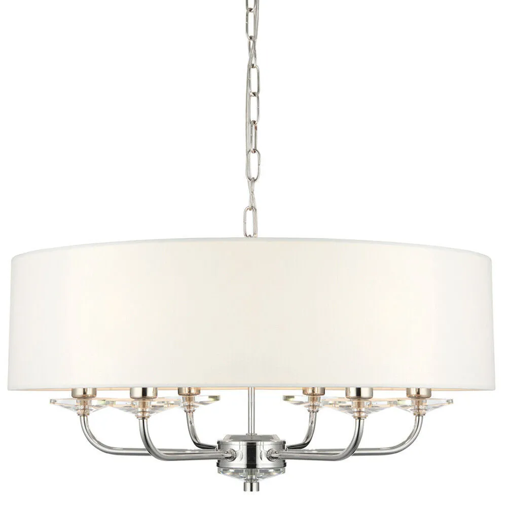 Multi Light Ceiling Pendant 6 Bulb NICKEL & WHITE Chandelier Large Shade Lamp