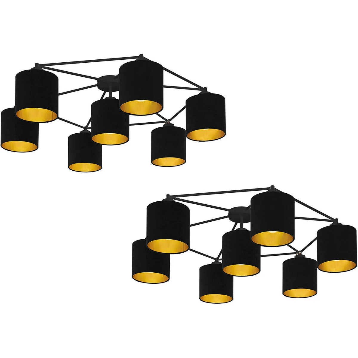 2 PACK Wall Flush Ceiling Light Colour Black Shade Black Gold Fabric E27 7x40W