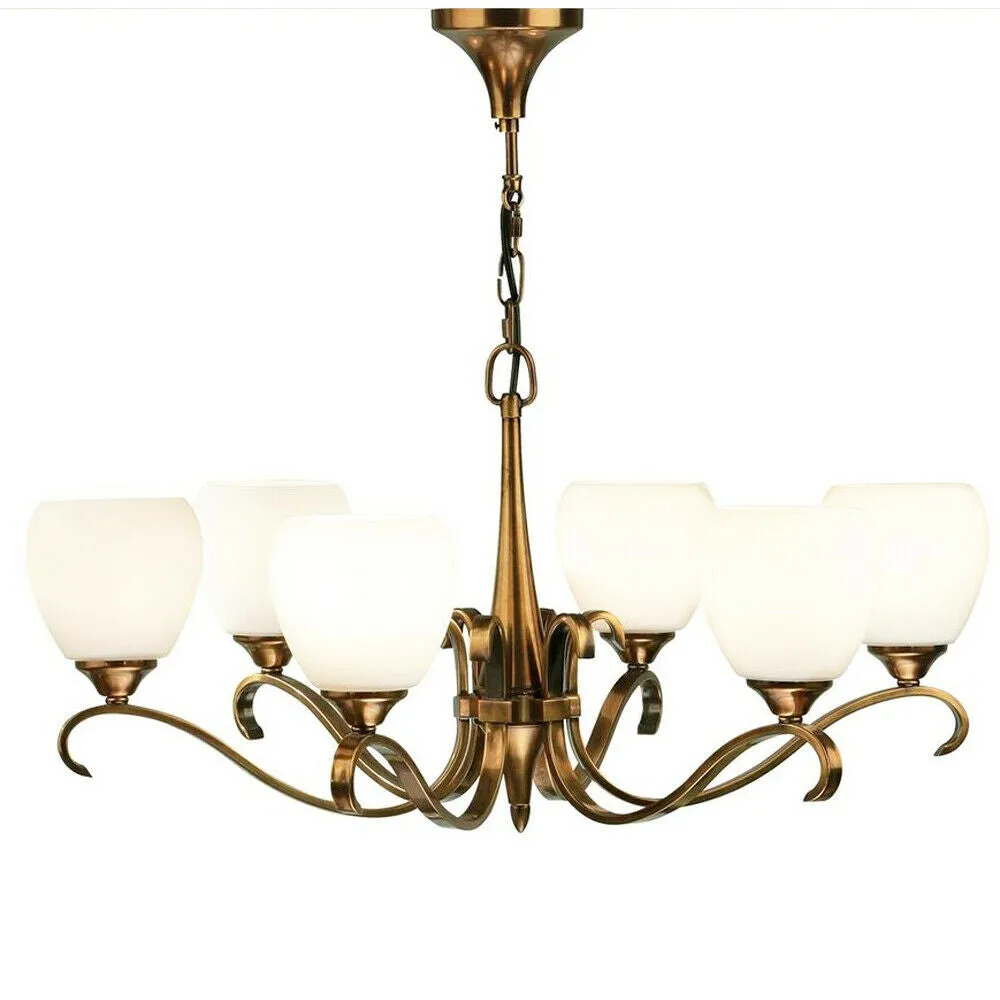 Luxury Hanging Ceiling Pendant Light Antique Brass Opal Glass 6 Lamp Chandelier