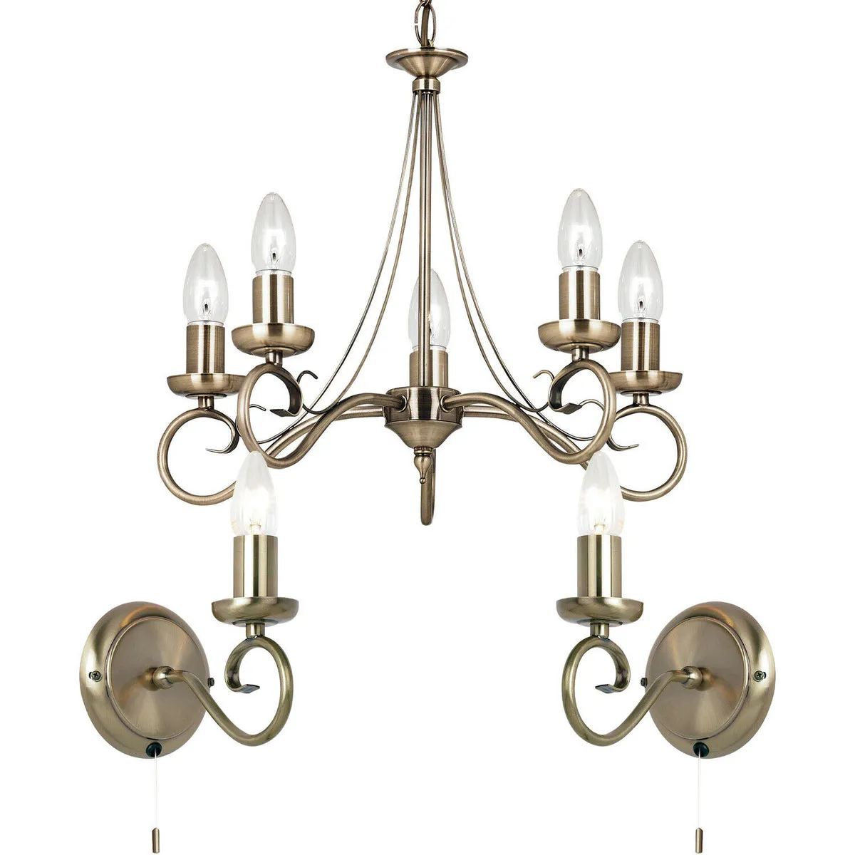 5 Bulb Ceiling Pendant & 2x Matching Wall Light Curved Antique Brass Chandelier