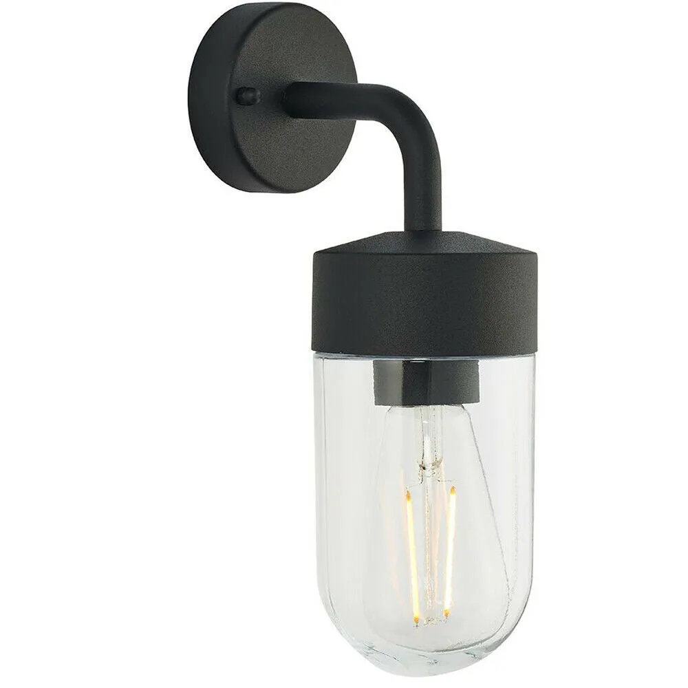 IP44 Outdoor Wall Light Curved Matt Black & Glass Shade Mini Nautical Lantern