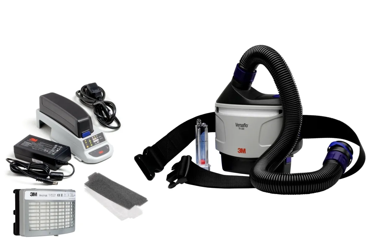 3M TR-315E+ Versaflo-Starterpaket mit Gebläseeinheit TR-302+ (Gebläse, Filterabdeckung), 1x P-Filter TR-3712E, 10x Vorfilter TR-3600, Standard-Gürtel, Batterie Lithium-Ionen 8 Std., Ladegerät, BT30 längenverstellbarer Luftschlauch, Luftstromindikator