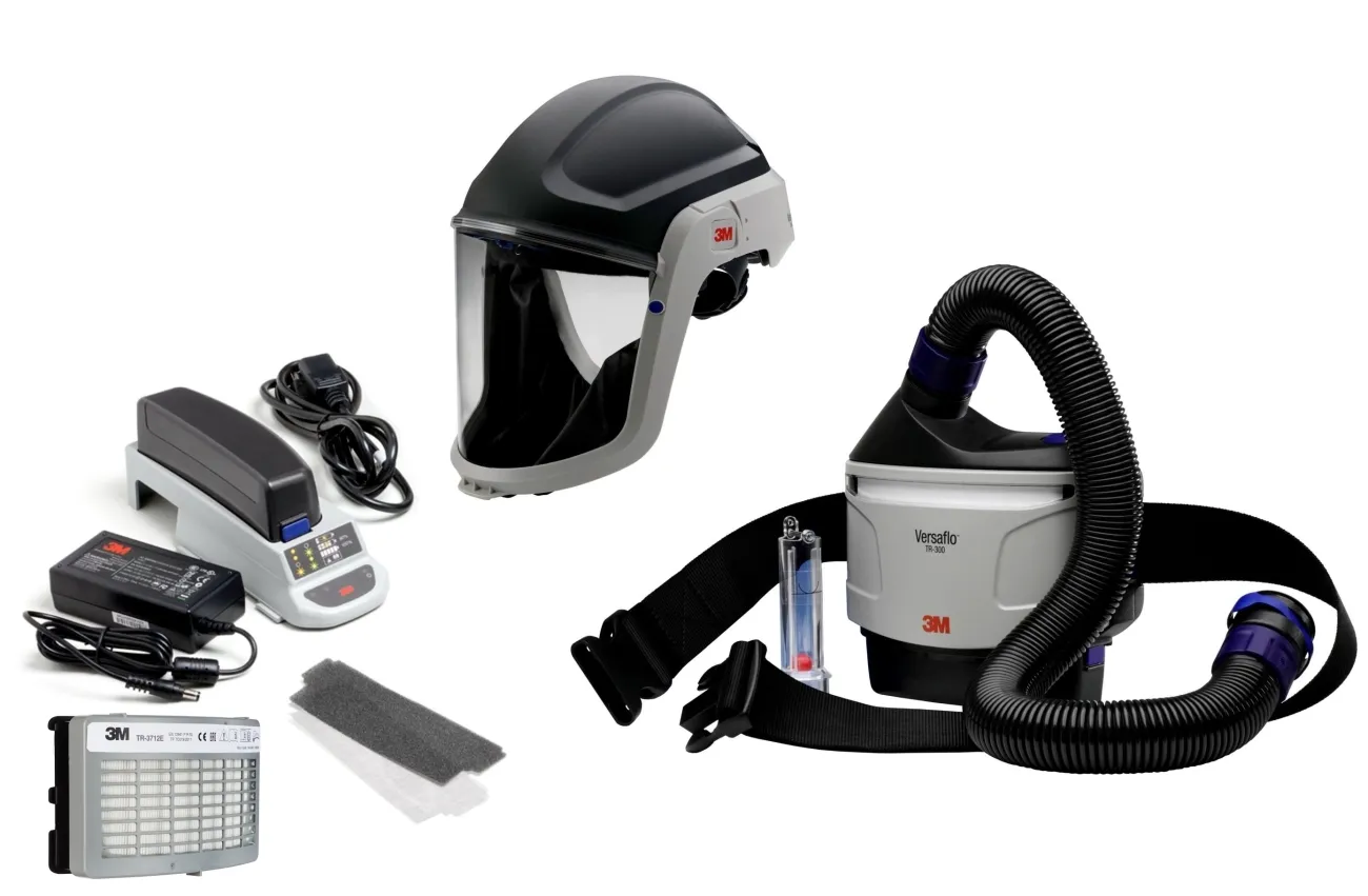 3M TR-315E+ Versaflo Starterpaket inkl. TR-302E, Zubehör und 3M Versaflo Schutzhelm M307 mit schwer entflammbarer Gesichtsabdichtung und Polycarbonat Visier, klar