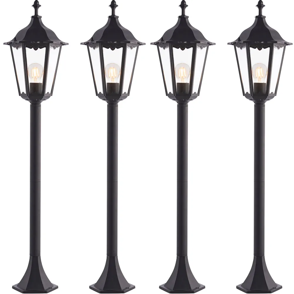 4 PACK Outdoor Lamp Post Lantern Bollard Light Matt Black & Glass 1m Tall LED